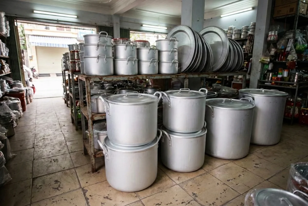 Nồi luộc bánh chưng 50 lít và nồi nhôm lớn bày trong cửa hàng đồ gia dụng trước Tết