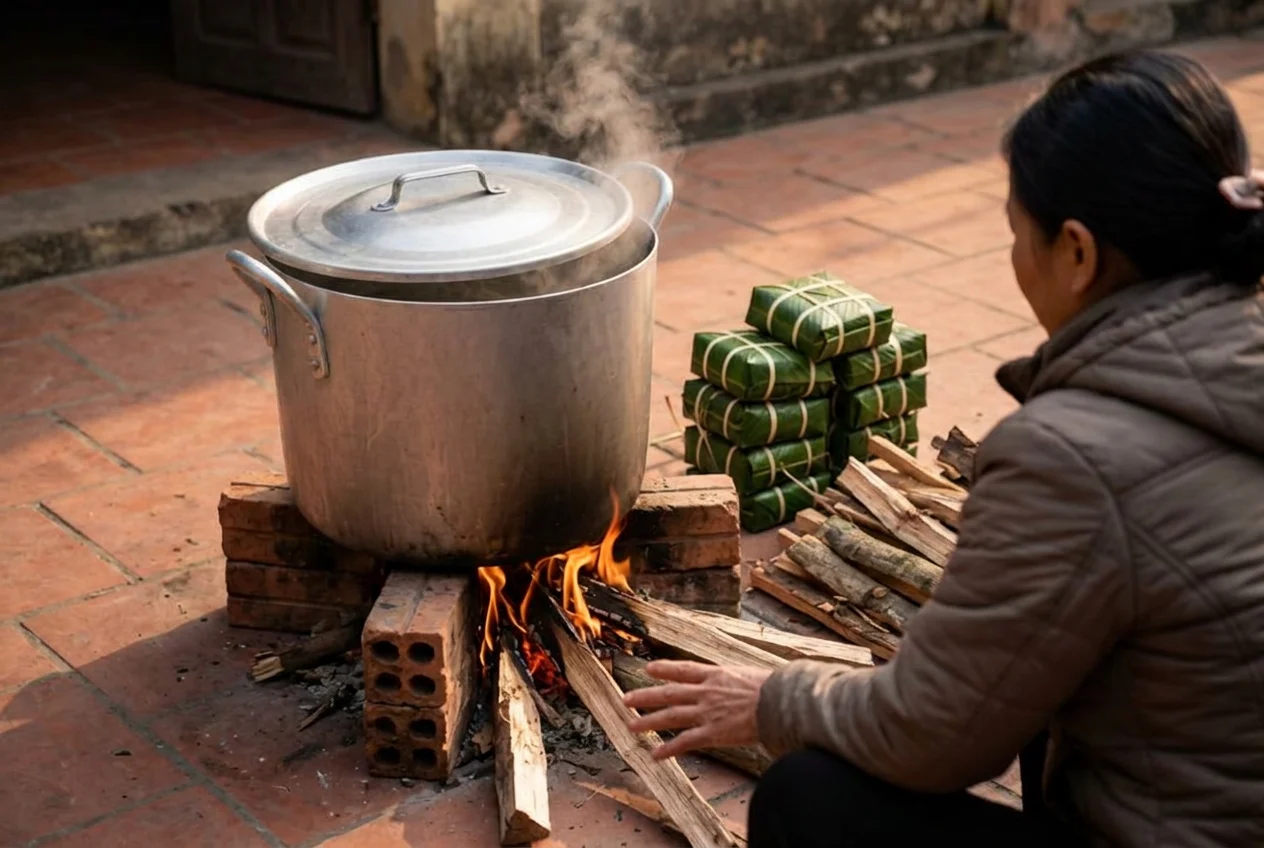 Nồi nhôm 50 lít luộc bánh chưng trên bếp củi ngoài sân nhà quê miền Bắc
