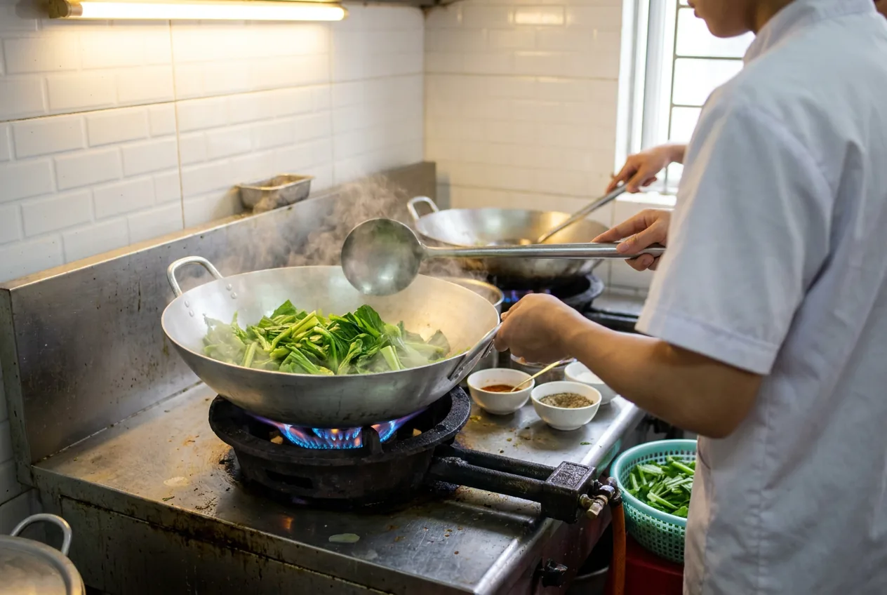 Phụ bếp chảo non đảo rau trong chảo vũm nhôm trên bếp ga công nghiệp của quán